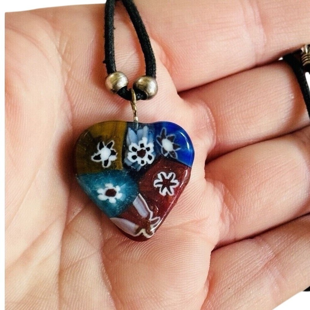 VTG Y2K glass Millefiori Heart Pendant Charm Necklace Murano Venetian Colorful